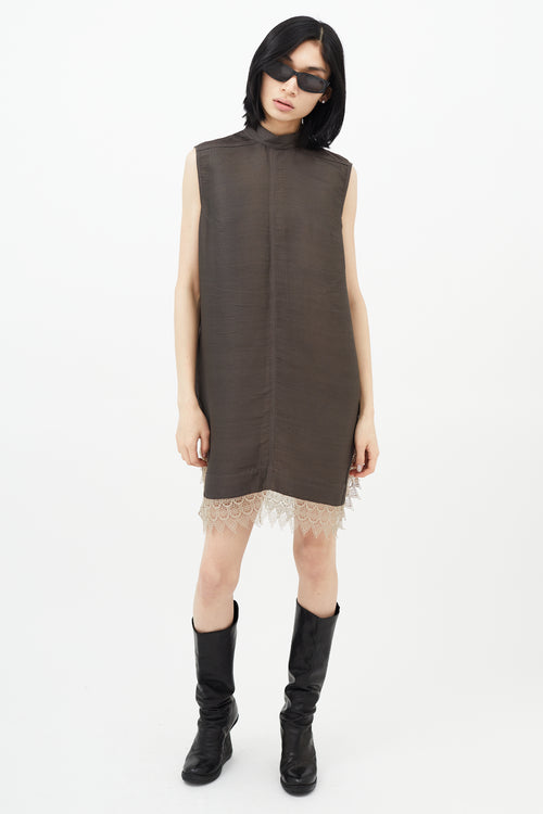 Rick Owens Brown Silk Ribbed 
Lace Dress