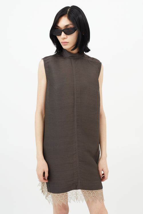 Rick Owens Brown Silk Ribbed 
Lace Dress