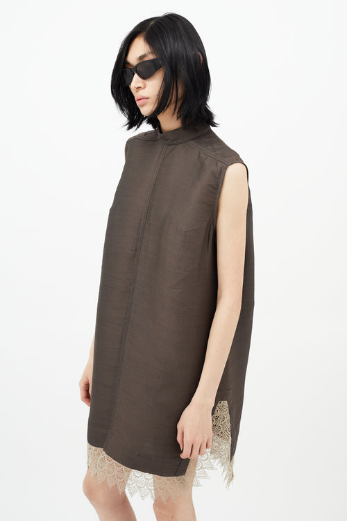 Rick Owens Brown Silk Ribbed 
Lace Dress