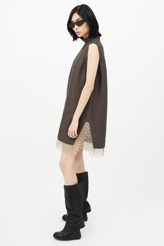 Rick Owens Brown Silk Ribbed 
Lace Dress