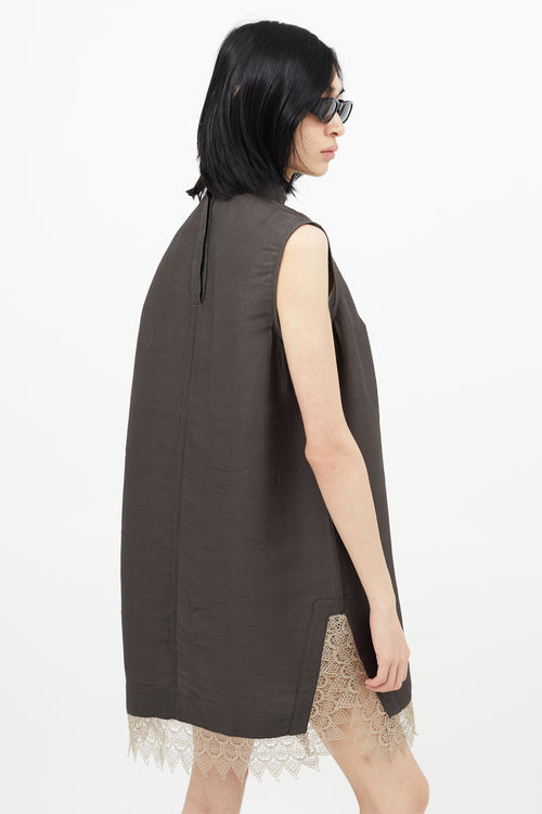 Rick Owens Brown Silk Ribbed 
Lace Dress