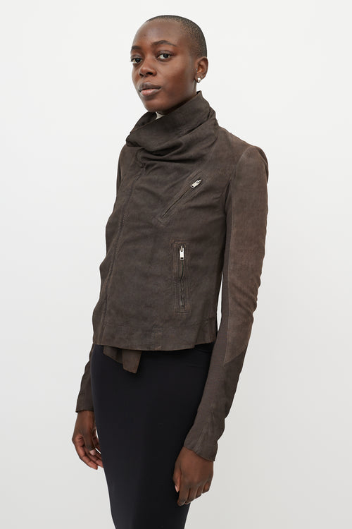 Rick Owens Brown Suede Draped Funnel Collar Jacket