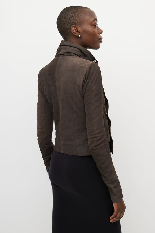 Rick Owens Brown Suede Draped Funnel Collar Jacket