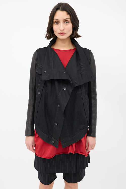 Rick Owens DRKSHDW Black Denim 
Leather High Low Drape Jacket