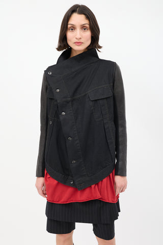 Rick Owens DRKSHDW Black Denim 
Leather High Low Drape Jacket