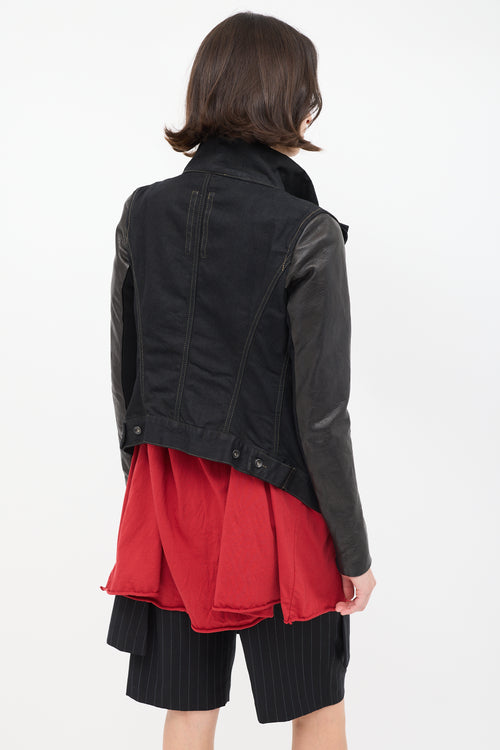 Rick Owens DRKSHDW Black Denim 
Leather High Low Drape Jacket