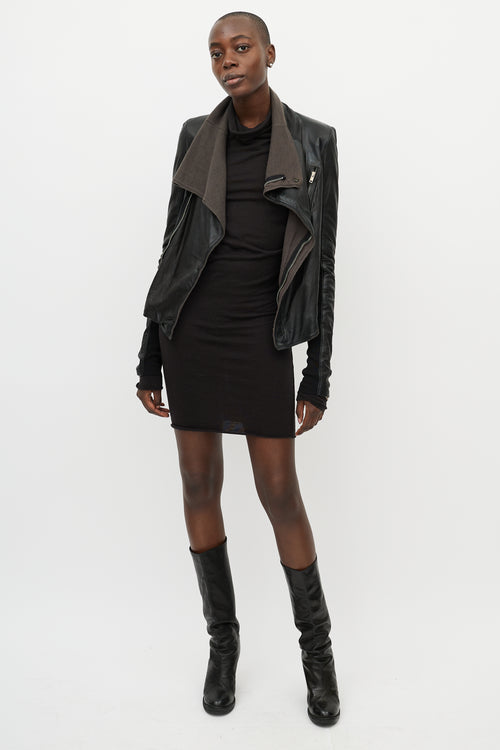 Rick Owens DRKSHDW Black Leather Funnel Neck Jacket