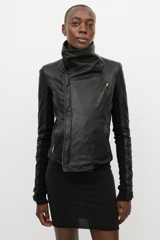 Rick Owens DRKSHDW Black Leather Funnel Neck Jacket