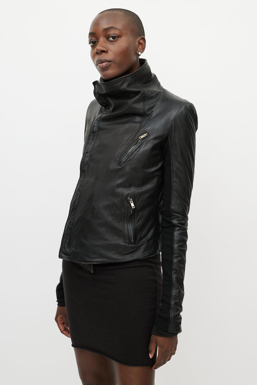 Rick Owens DRKSHDW Black Leather Funnel Neck Jacket