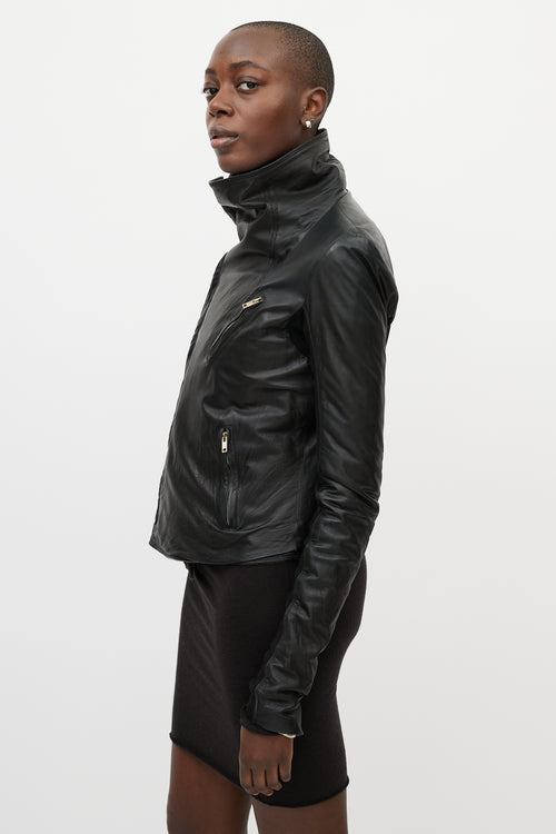 Rick Owens DRKSHDW Black Leather Funnel Neck Jacket