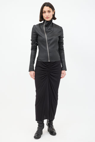 Rick Owens FW 2021 Black Leather Asymmetrical High Neck Jacket