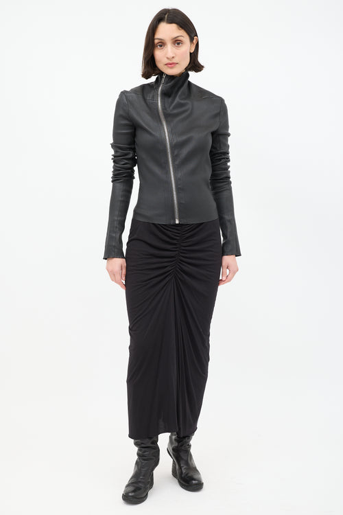 Rick Owens FW 2021 Black Leather Asymmetrical High Neck Jacket