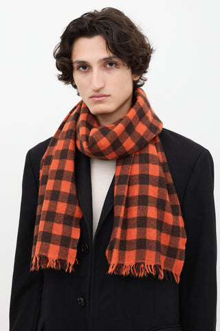 Rick Owens FW 2022 Orange 
Black Check Fringe Scarf