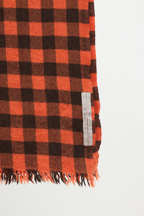 Rick Owens FW 2022 Orange 
Black Check Fringe Scarf