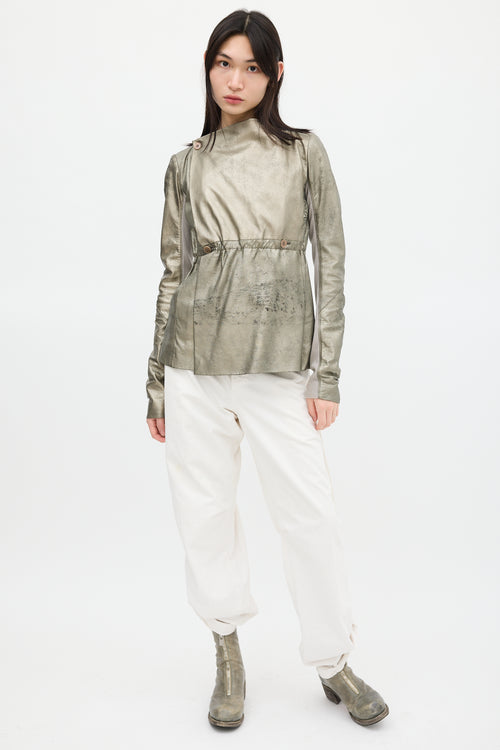 Rick Owens Gold Metallic Asymmetrical Leather Jacket