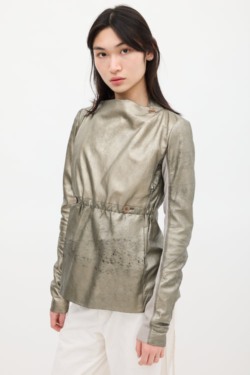 Rick Owens Gold Metallic Asymmetrical Leather Jacket