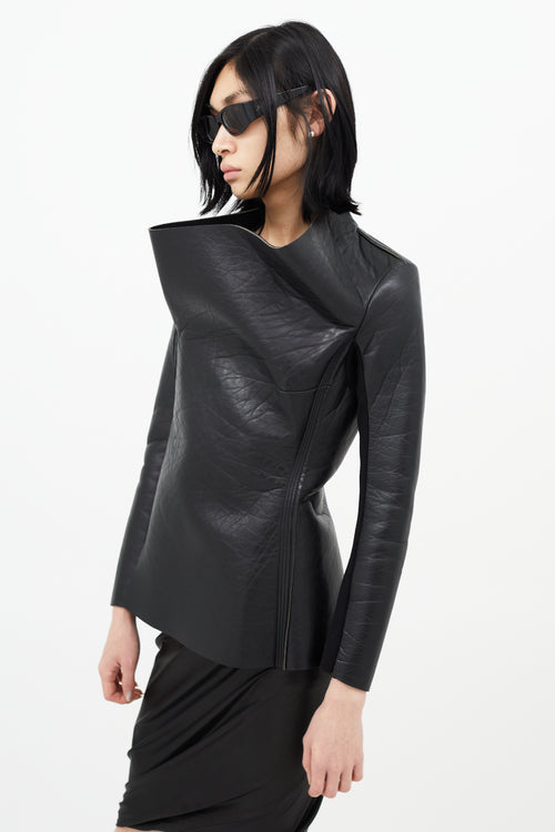 Rick Owens Lilies Black Leather Funnel Neck Jacket