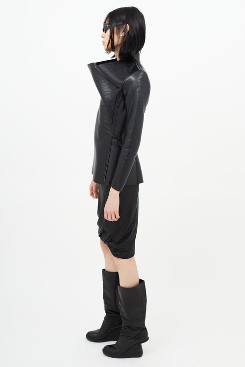 Rick Owens Lilies Black Leather Funnel Neck Jacket