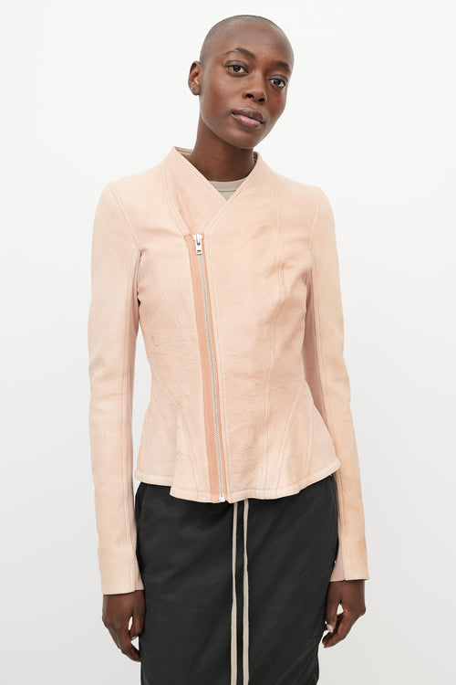 Rick Owens Pink Leather V-Neck Full Zip Jacket