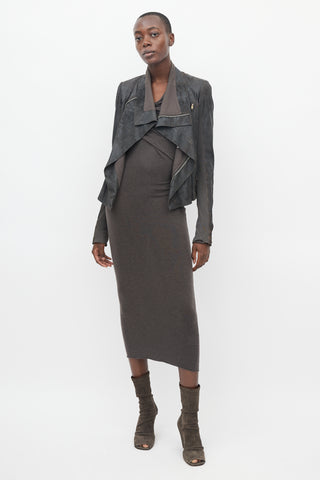 Rick Owens Brown Leather Distressed Asymmetrical Jacket