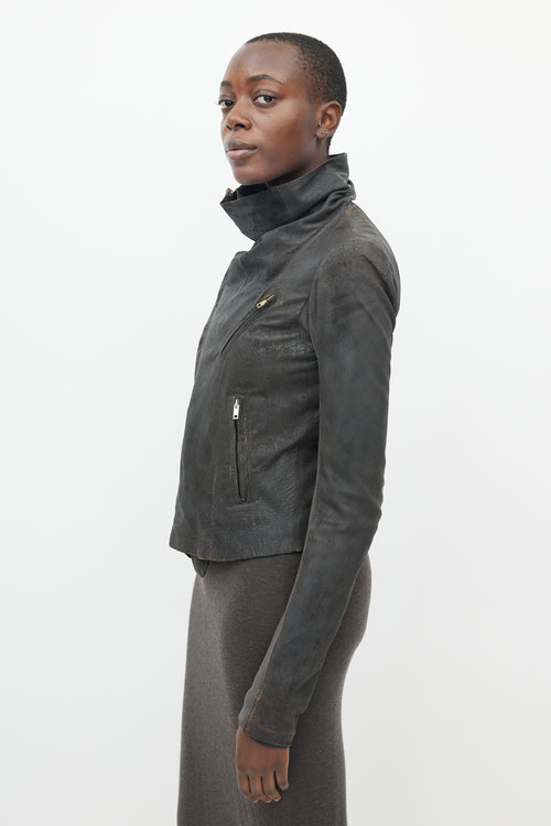 Rick Owens Brown Leather Distressed Asymmetrical Jacket