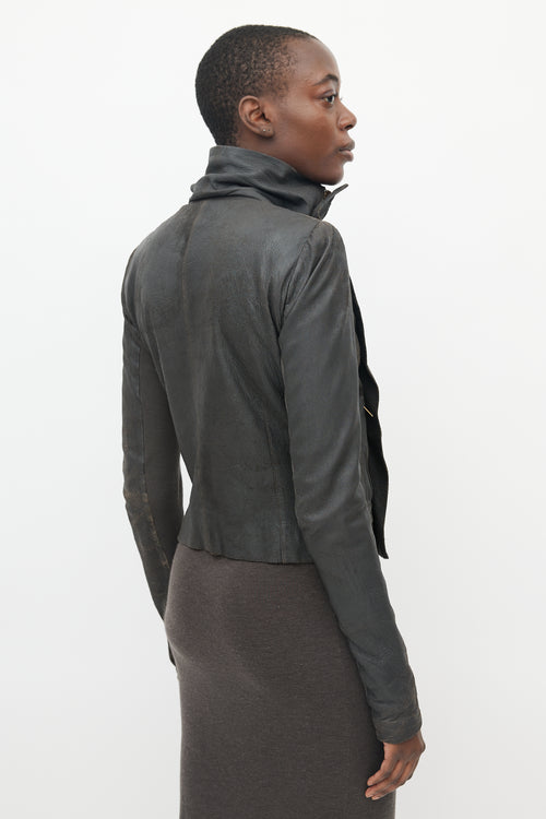 Rick Owens Brown Leather Distressed Asymmetrical Jacket