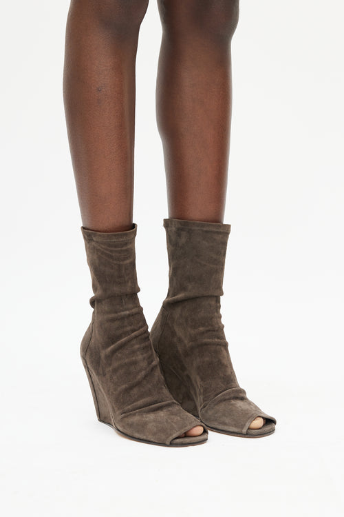 Rick Owens Green Suede Open Toe Wedge Boot