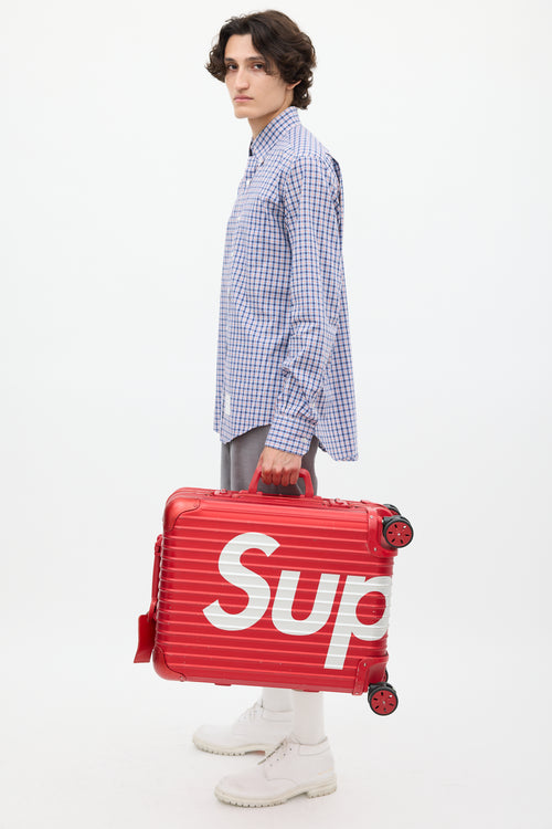 Rimowa x Supreme 45L Red 
White Logo Hard Case Topas  Luggage