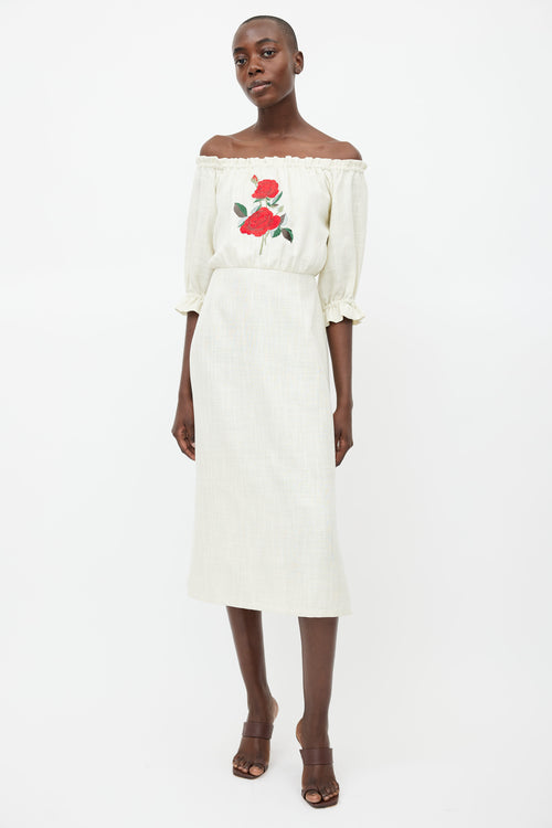 Rixo Cream Natalie Embroidered Rose  Dress