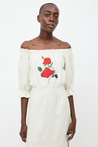 Rixo Cream Natalie Embroidered Rose  Dress