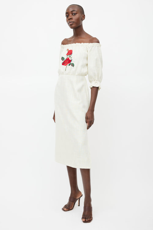 Rixo Cream Natalie Embroidered Rose  Dress