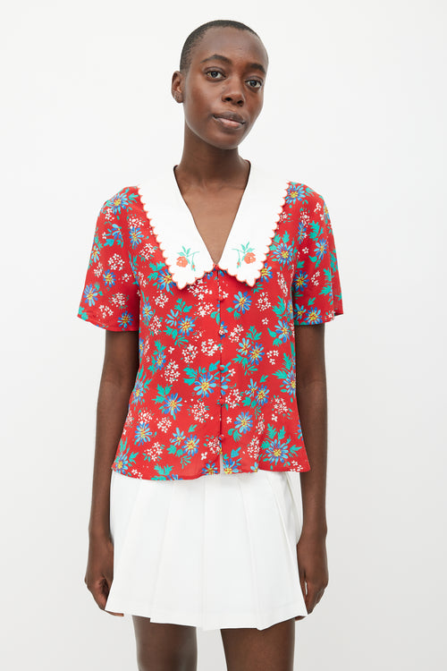 Rixo Red 
Multi Silk Floral Blouse