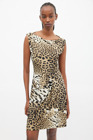 Roberto Cavalli Beige 
Black Printed Pinned Dress