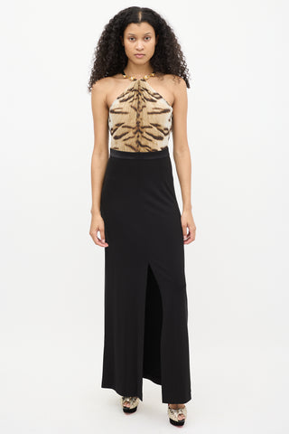 Roberto Cavalli Black 
Beige Silk Pearl Halter Gown