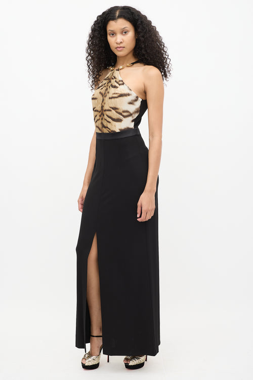 Roberto Cavalli Black 
Beige Silk Pearl Halter Gown