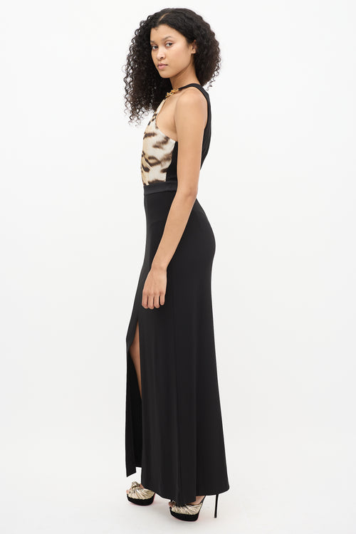 Roberto Cavalli Black 
Beige Silk Pearl Halter Gown