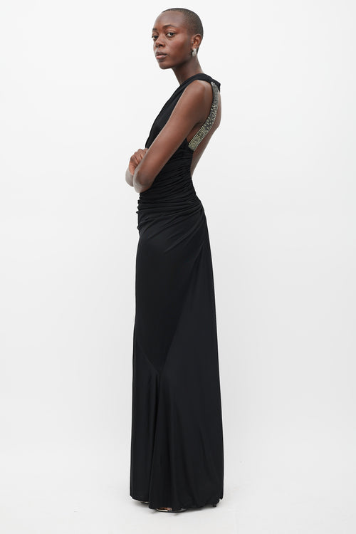 Roberto Cavalli Black Gathered Jewel Maxi Cut Out Dress