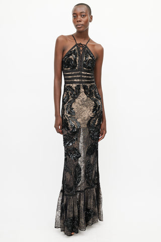 Roberto Cavalli Black Sequin V-Neck Gown