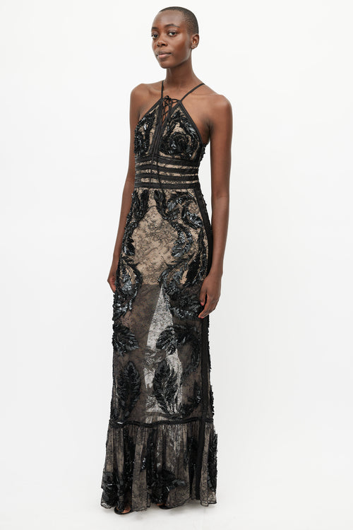 Roberto Cavalli Black Sequin V-Neck Gown