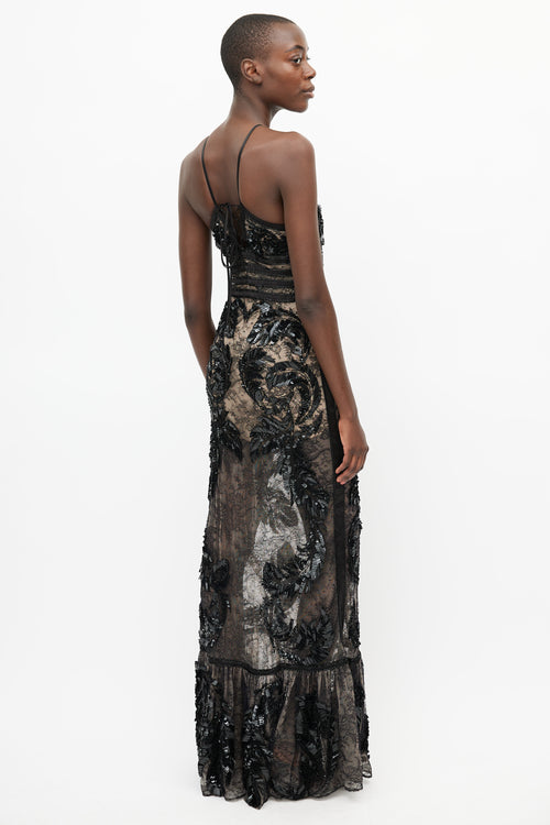 Roberto Cavalli Black Sequin V-Neck Gown