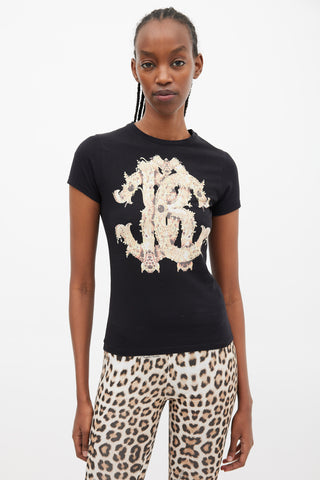 Roberto Cavalli Black 
Yellow Ornate Logo T-Shirt