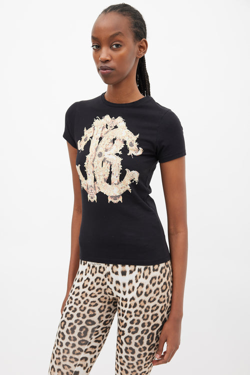 Roberto Cavalli Black 
Yellow Ornate Logo T-Shirt