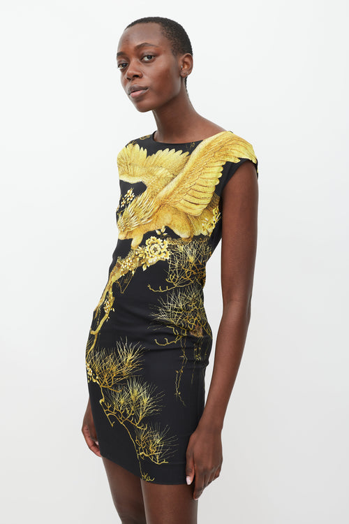 Roberto Cavalli Black 
Yellow Printed Sheath Dress