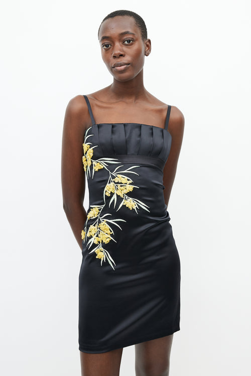 Roberto Cavalli Black 
Yellow Silk Floral Embroidered Dress