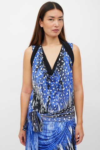 Roberto Cavalli Blue 
Black Polka Dot Gathered Belted Dress