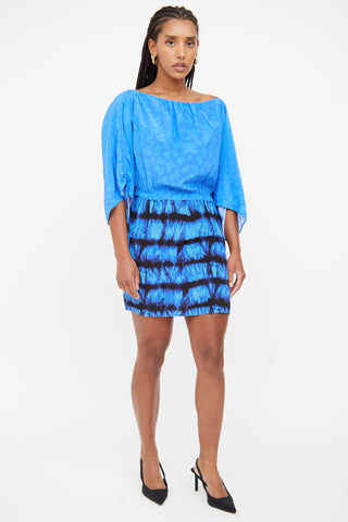 Roberto Cavalli Blue 
Black Printed Batwing Dress