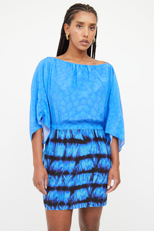 Roberto Cavalli Blue 
Black Printed Batwing Dress