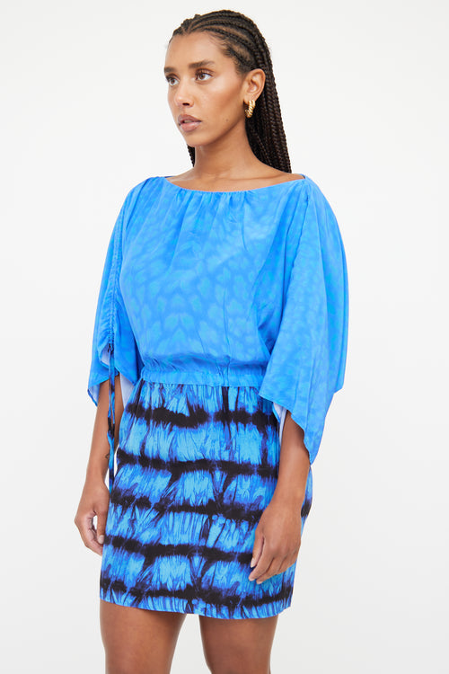 Roberto Cavalli Blue 
Black Printed Batwing Dress