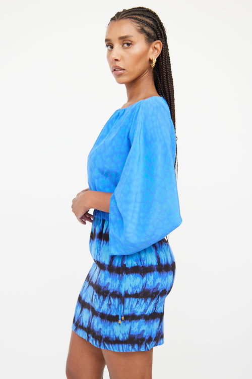 Roberto Cavalli Blue 
Black Printed Batwing Dress