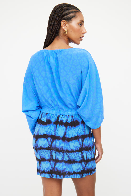 Roberto Cavalli Blue 
Black Printed Batwing Dress